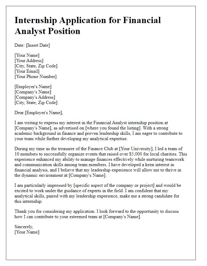 Letter template of internship application for financial analyst showcasing leadership skills.