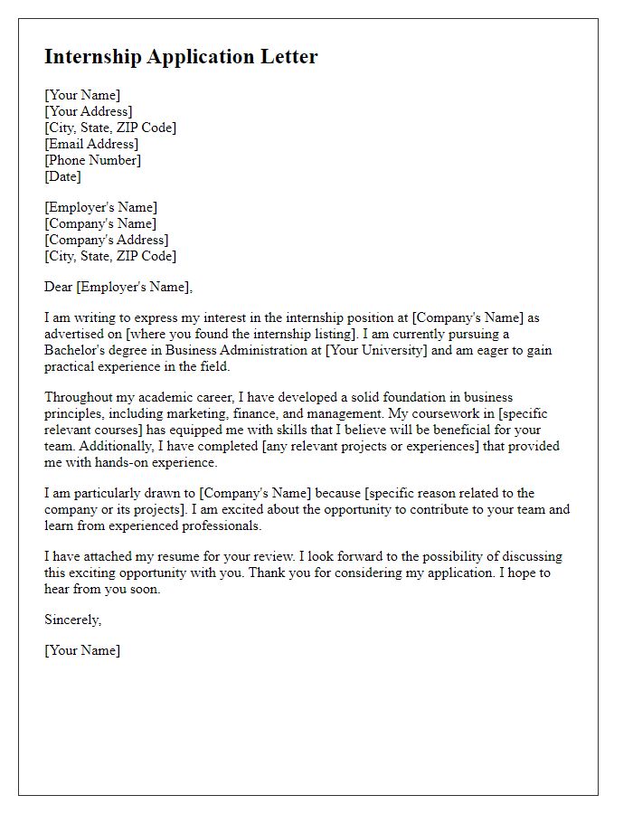 Letter template of internship application for university student in business administration.