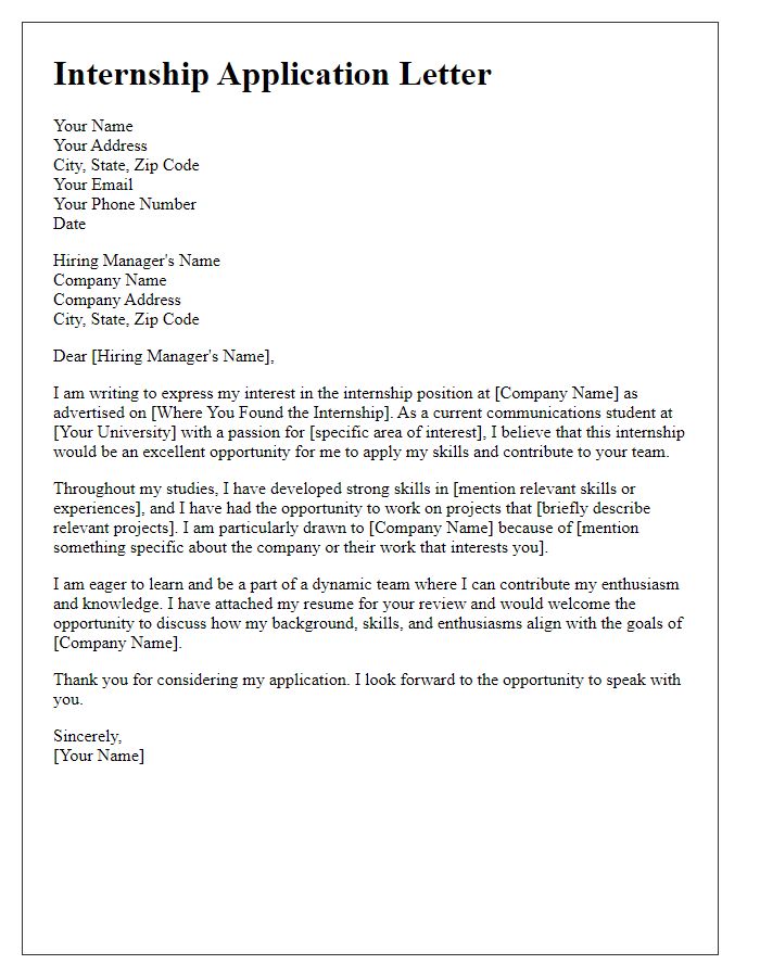 Letter template of internship application for university student in communications.