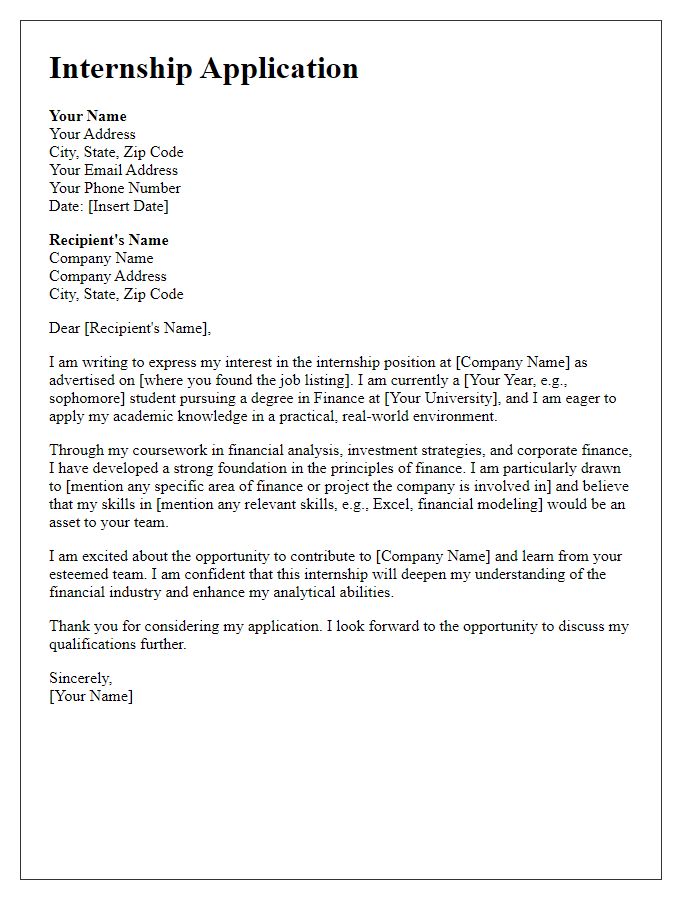 Letter template of internship application for university student in finance.