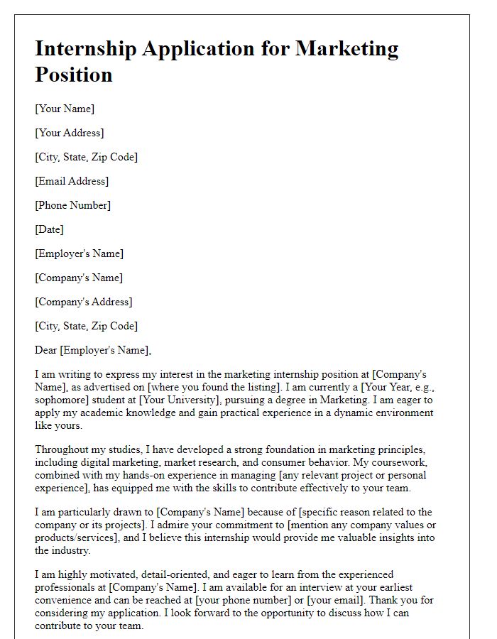 Letter template of internship application for university student in marketing.