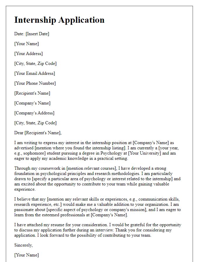 Letter template of internship application for university student in psychology.