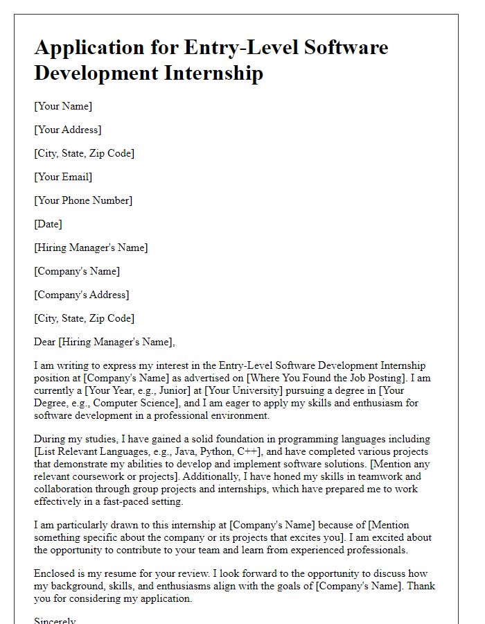 Letter template of application for entry-level software development internship