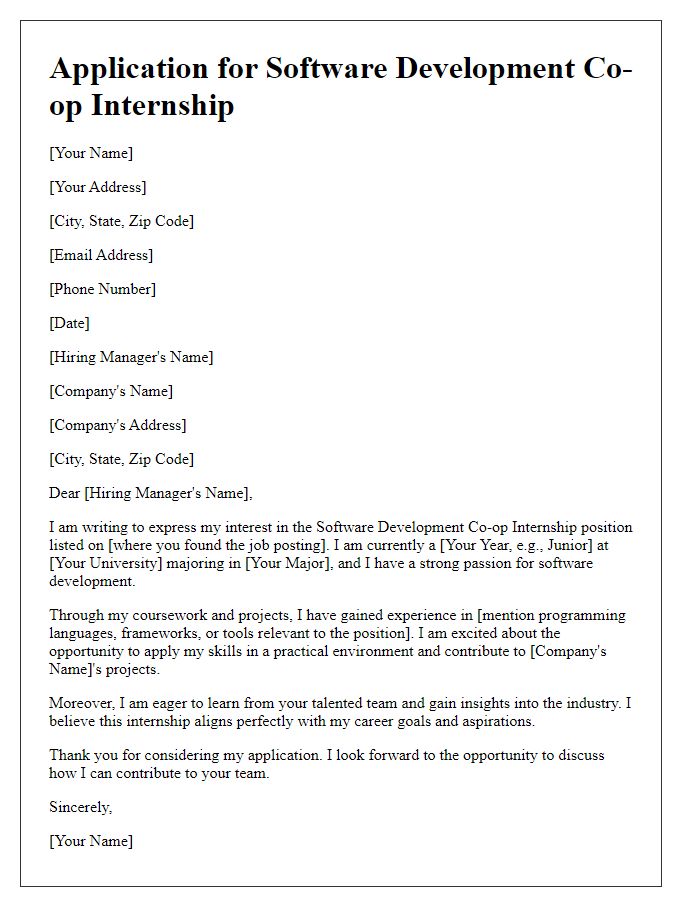 Letter template of application for software development co-op internship