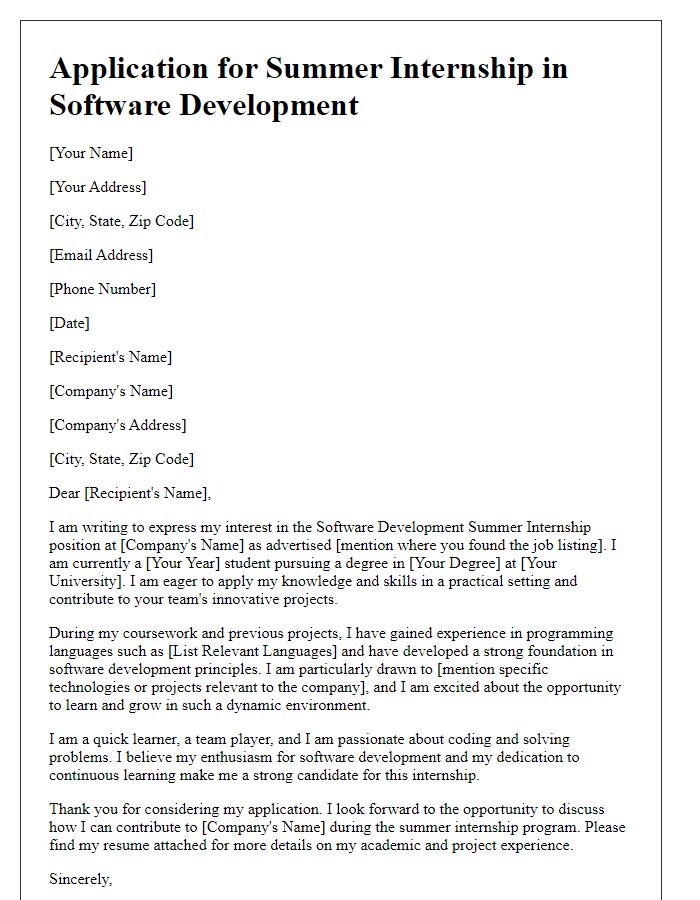 Letter template of application for summer internship in software development