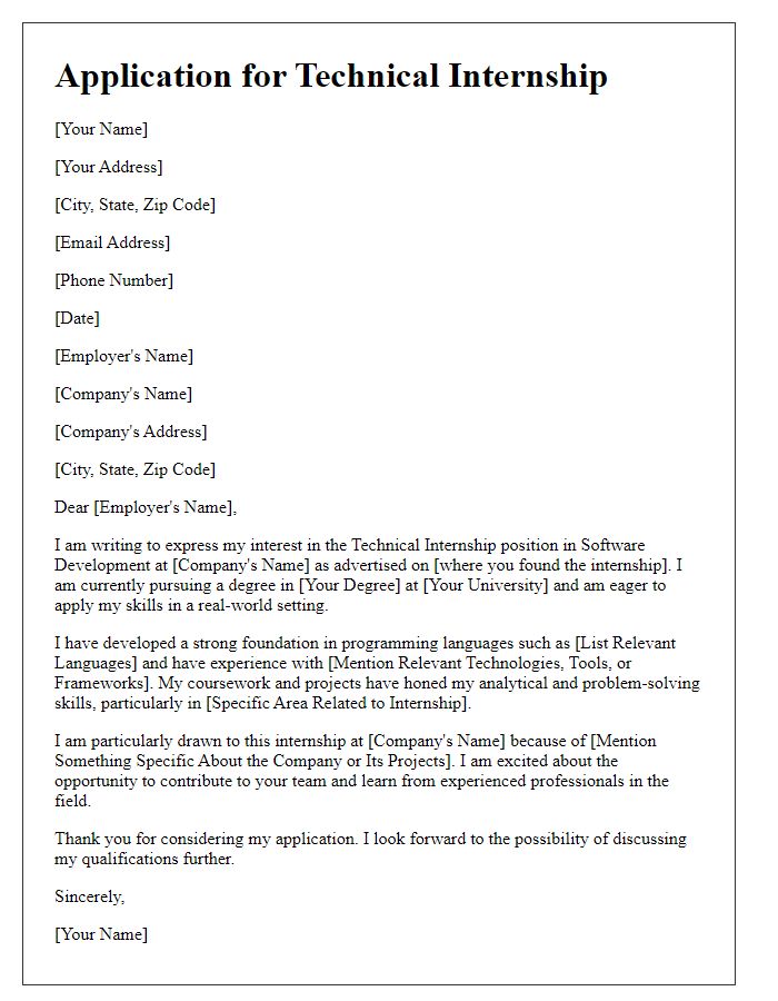 Letter template of application for technical internship in software development