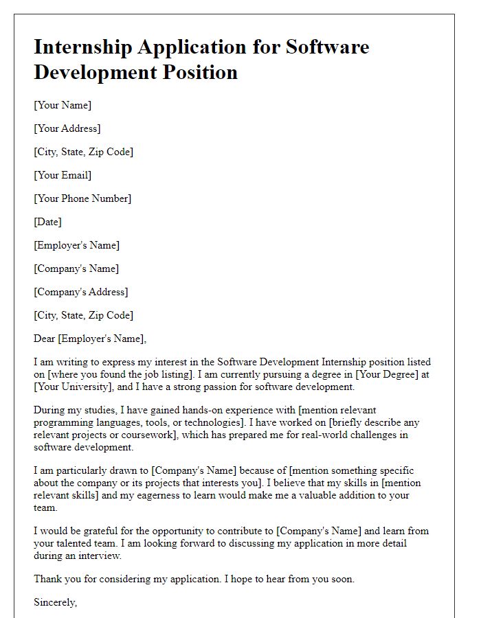 Letter template of internship application for software development position