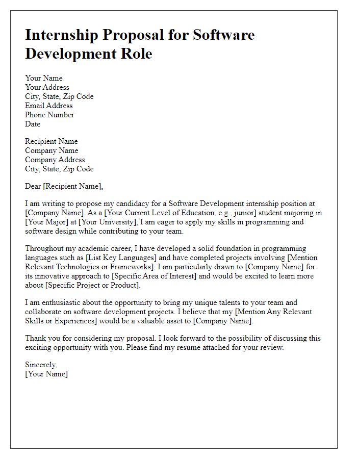 Letter template of internship proposal for software development role