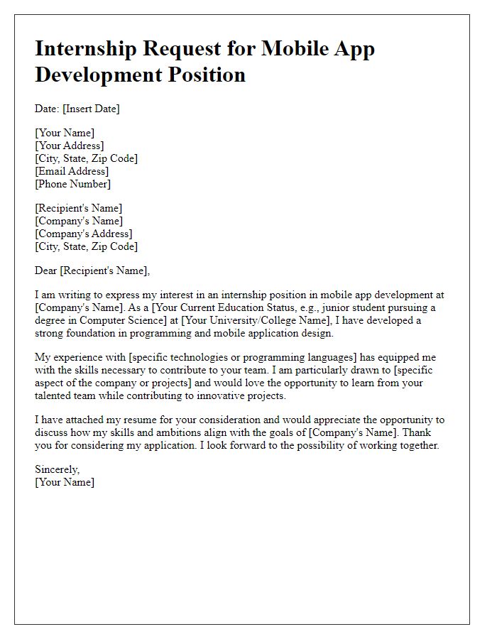 Letter template of internship request for mobile app development position