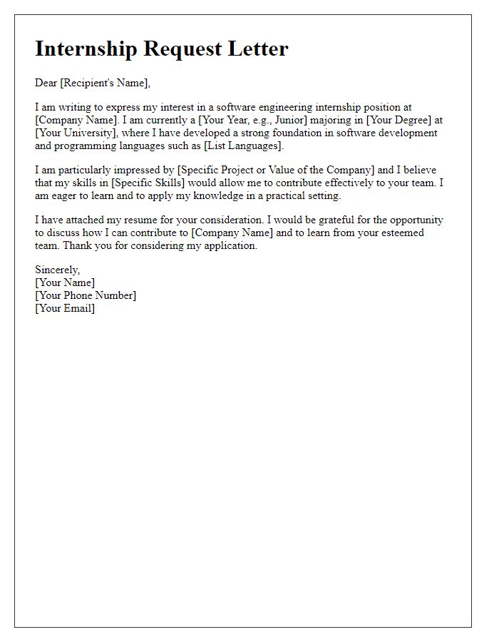 Letter template of software engineering internship request