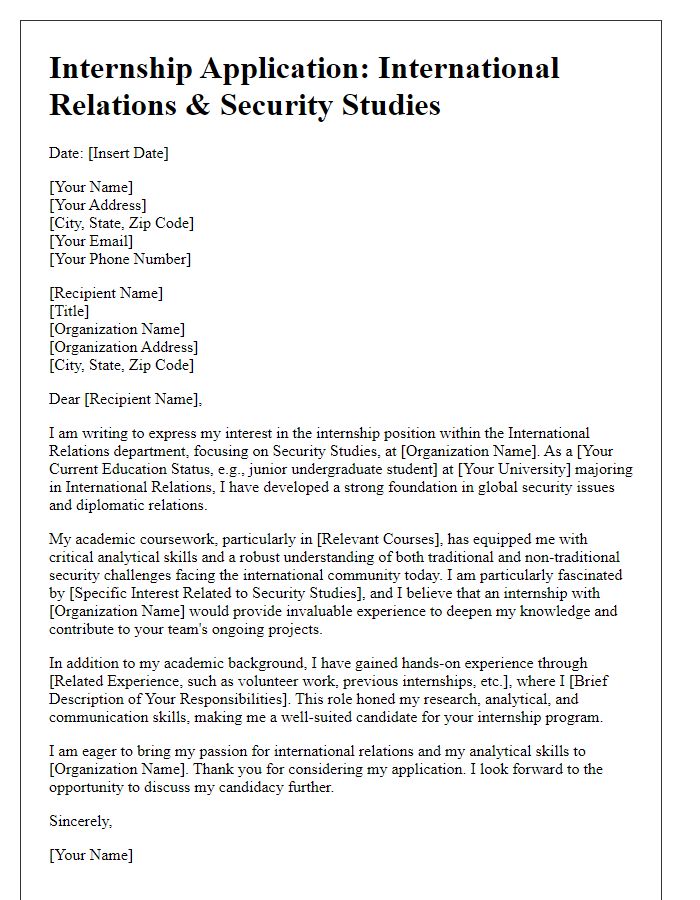 Letter template of internship application for international relations addressing security studies.