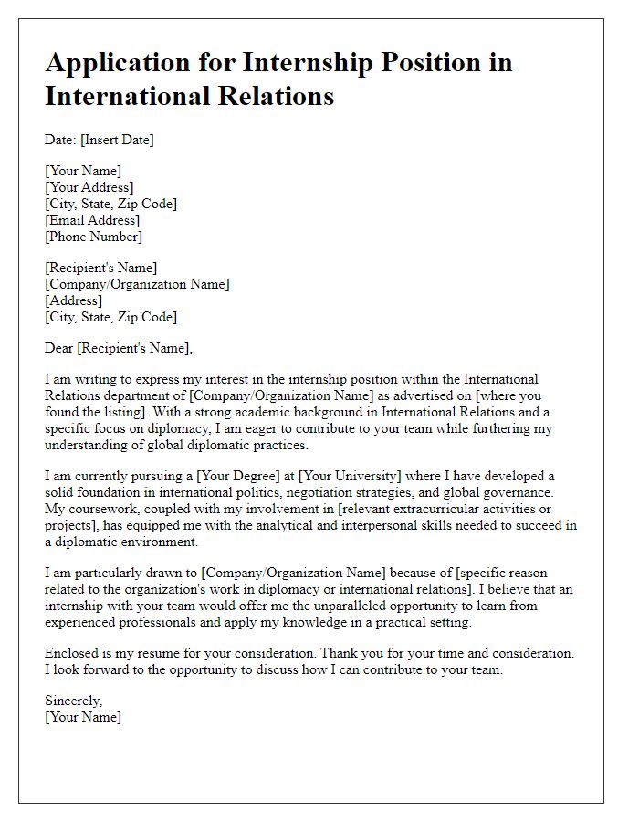 Letter template of internship application for international relations with a focus on diplomacy.