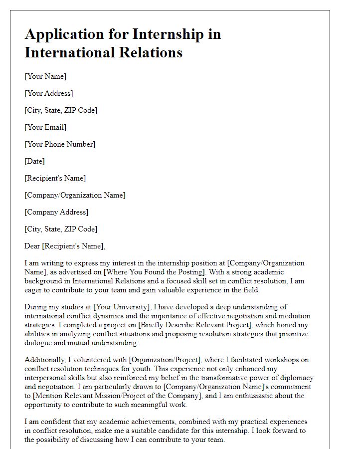 Letter template of internship application for international relations highlighting conflict resolution skills.