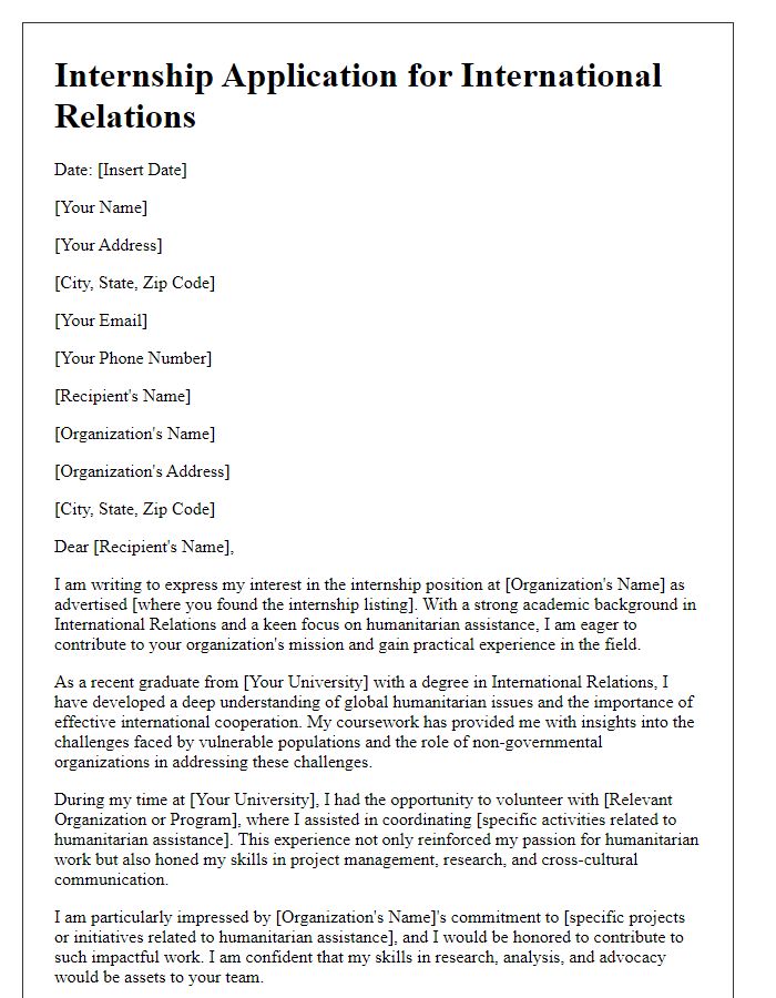 Letter template of internship application for international relations highlighting humanitarian assistance.