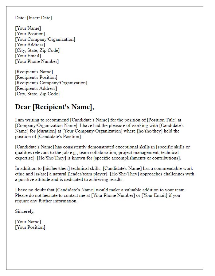 Letter template of recommendation for a new employee candidate.