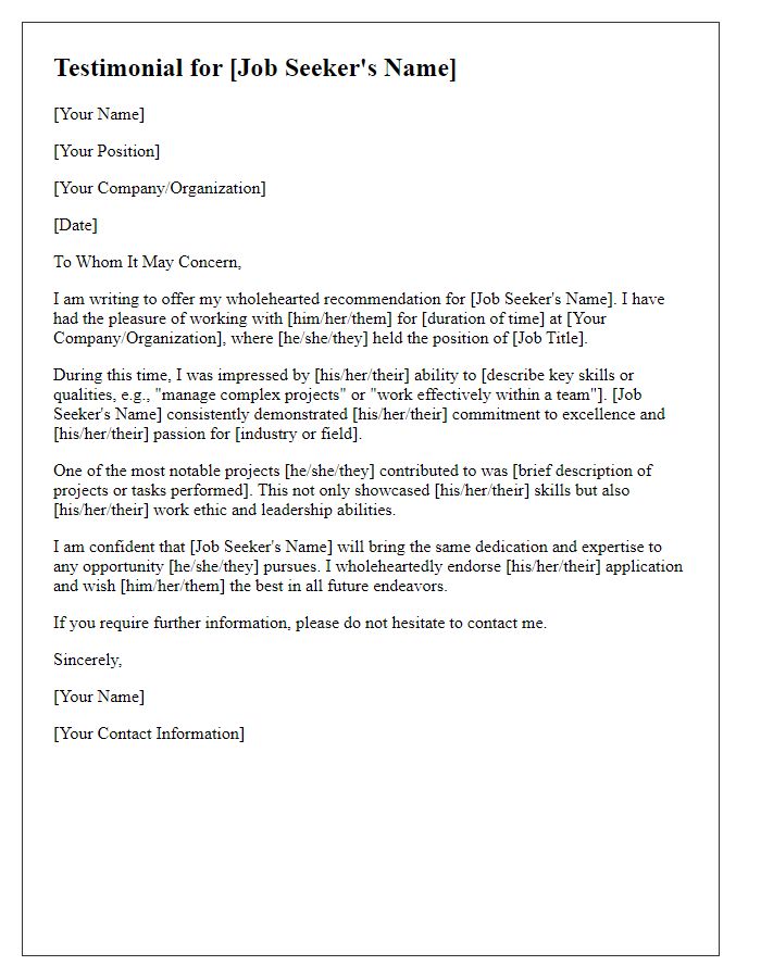 Letter template of testimonial for a job seeker.