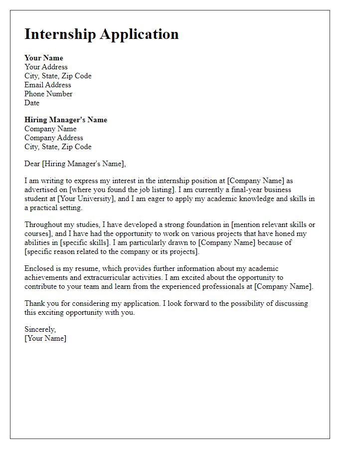 Letter template of internship application for final year business student