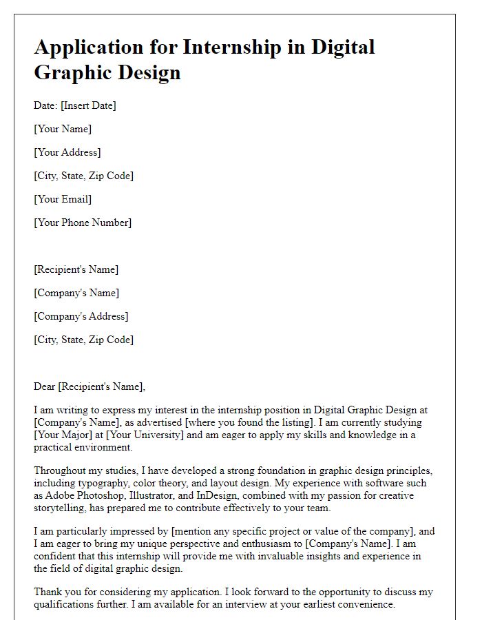 Letter template of application for internship in digital graphic design.