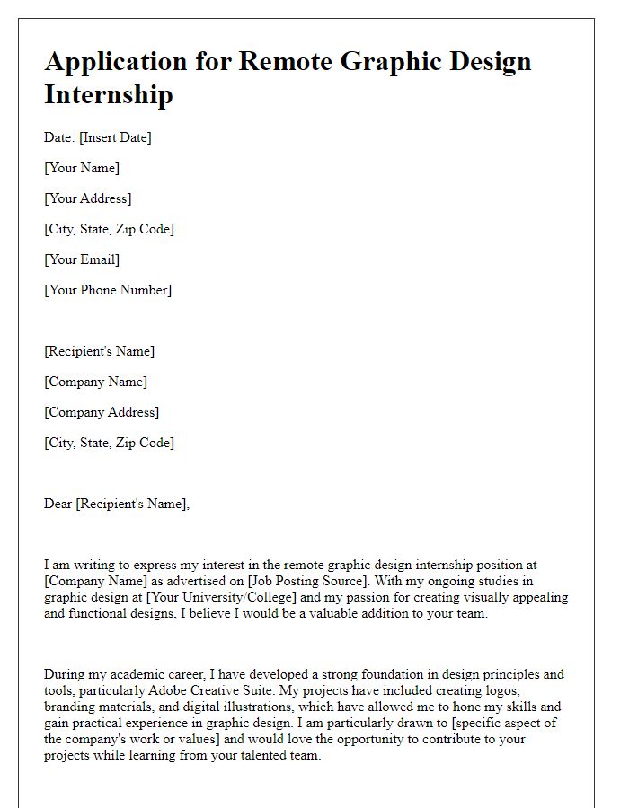 Letter template of application for a remote graphic design internship.