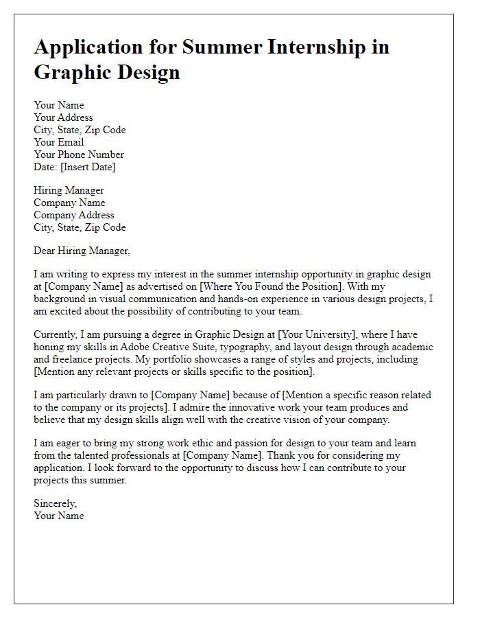 Letter template of application for summer internship in graphic design.