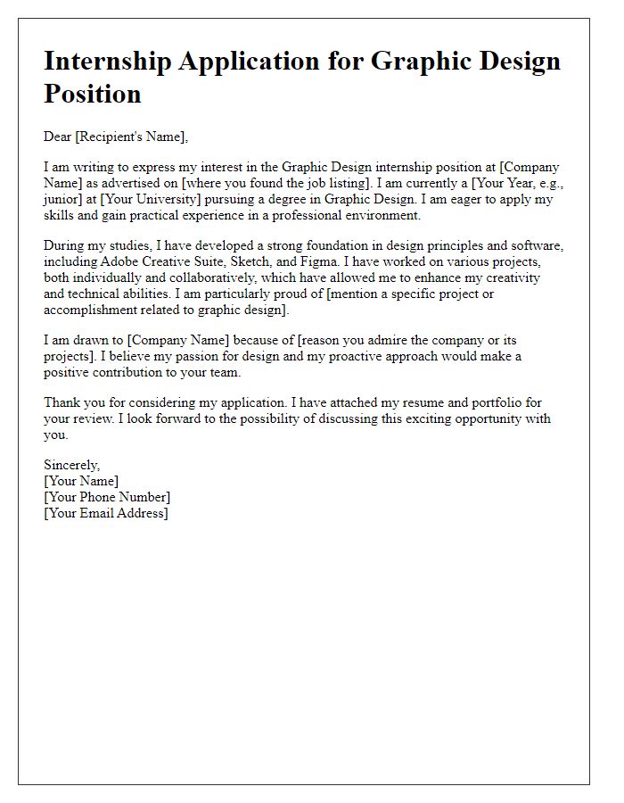 Letter template of internship application for graphic design position.