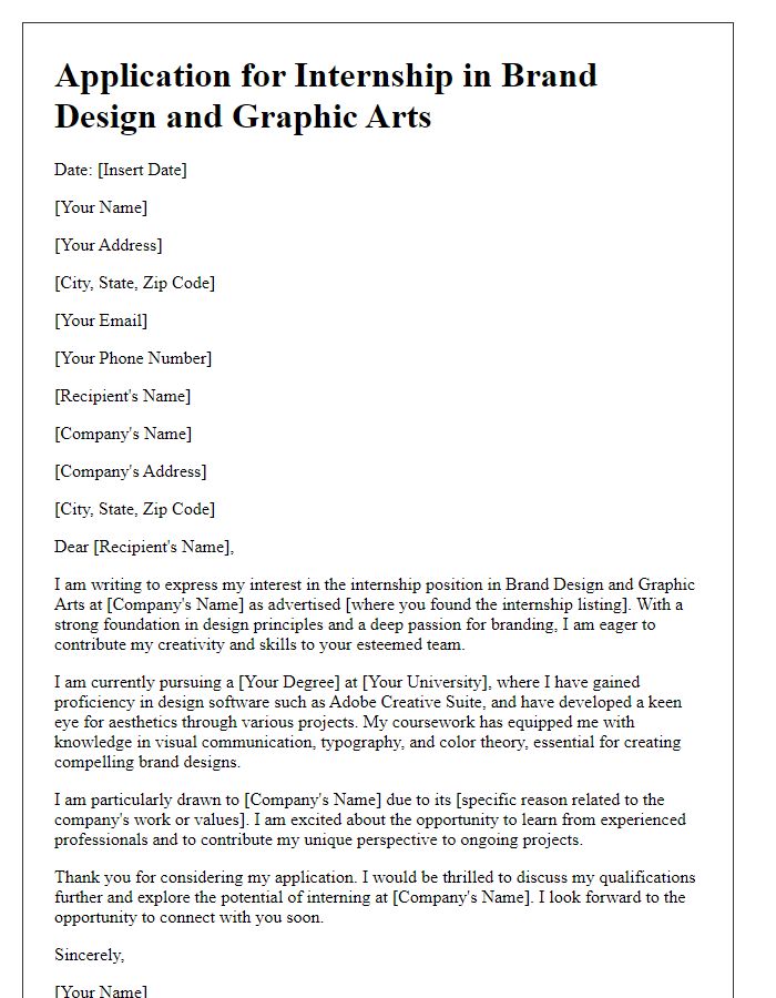 Letter template of internship application in brand design and graphic arts.