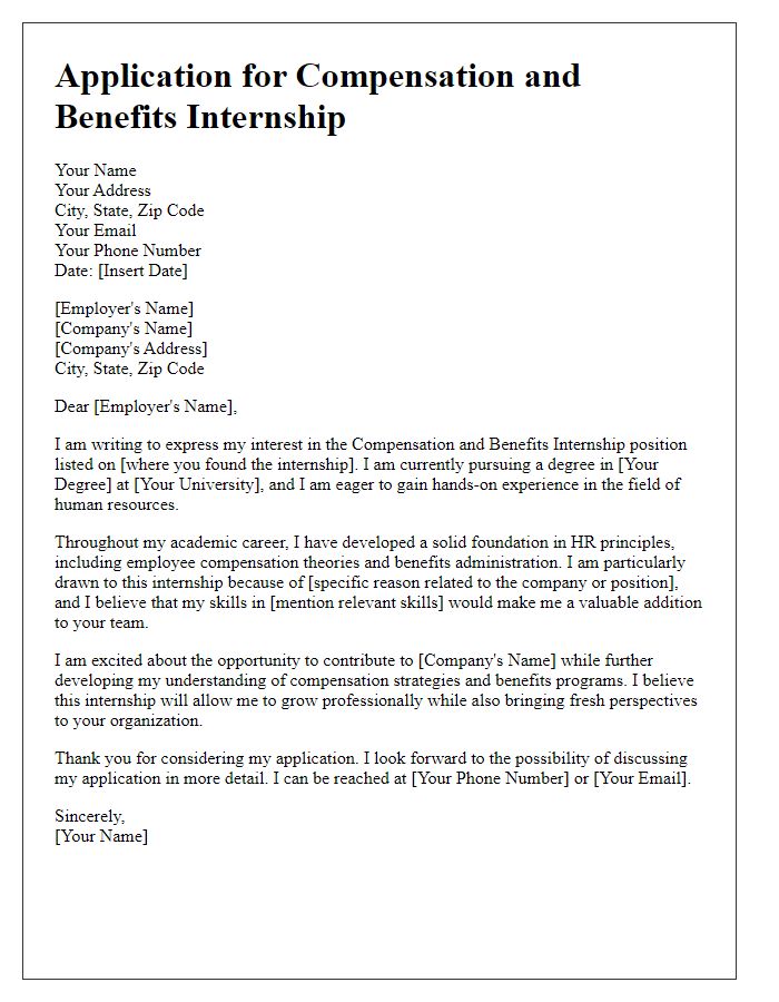 Letter template of internship application for compensation and benefits internship.