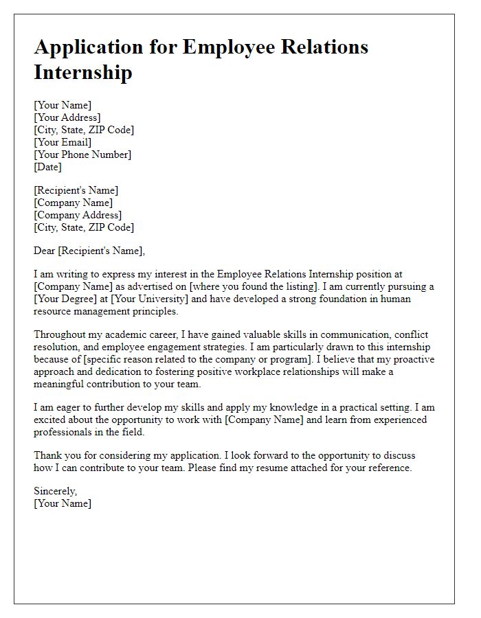 Letter template of internship application for employee relations internship.