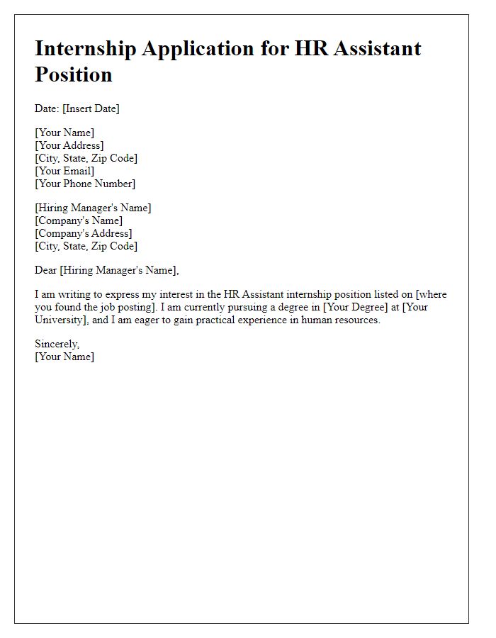 Letter template of internship application for HR assistant position.