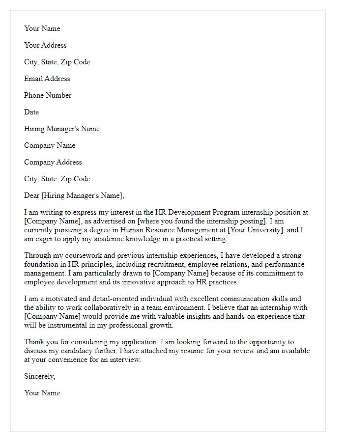 Letter template of internship application for HR development program.