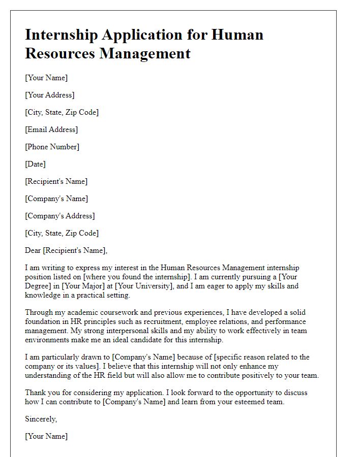 Letter template of internship application for human resources management.