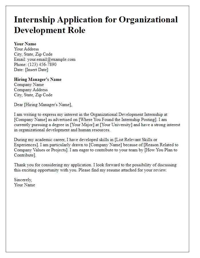 Letter template of internship application for organizational development role.