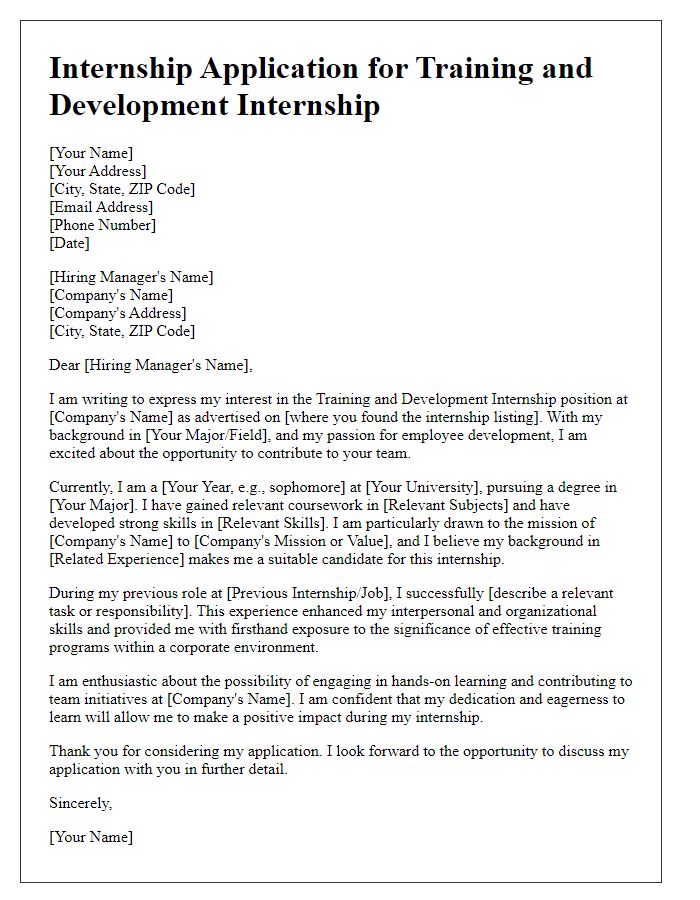 Letter template of internship application for training and development internship.