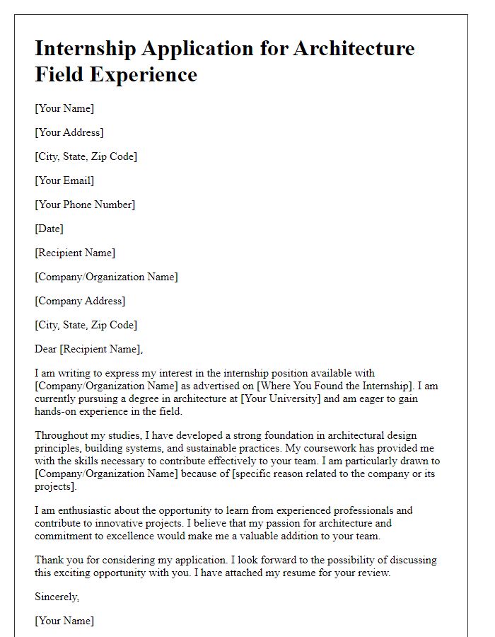 Letter template of internship application for architecture field experience