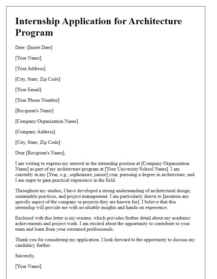 Letter template of internship application for architecture program participant