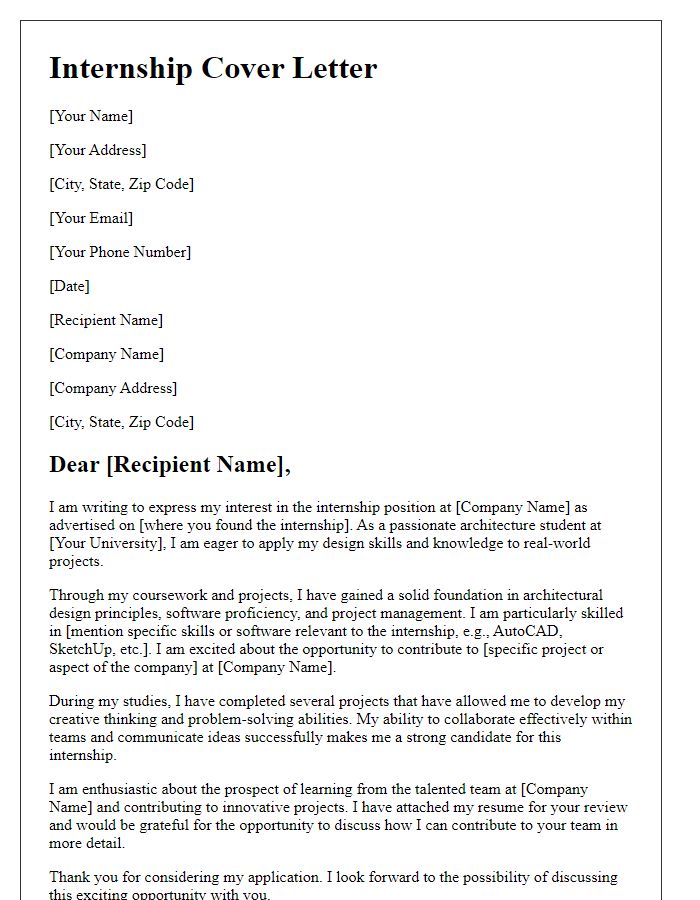 Letter template of internship cover letter for future architect