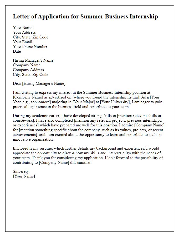 Letter template of application for summer business internship