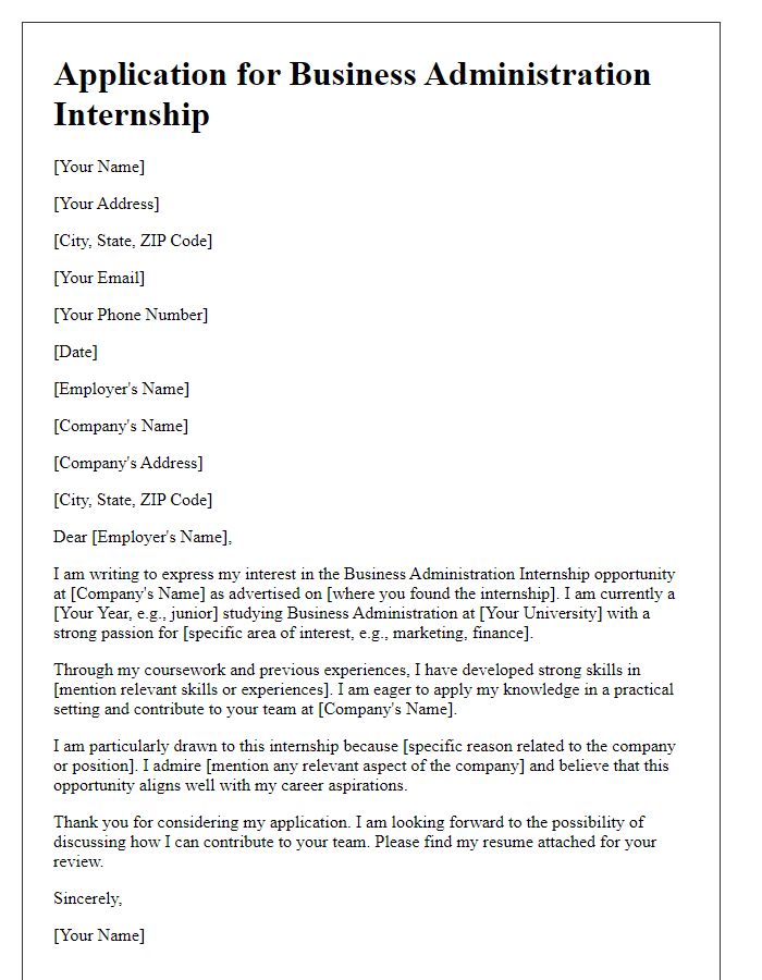 Letter template of applying for a business administration internship opportunity