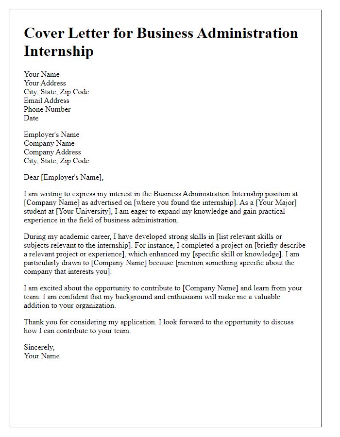 Letter template of business administration internship cover letter