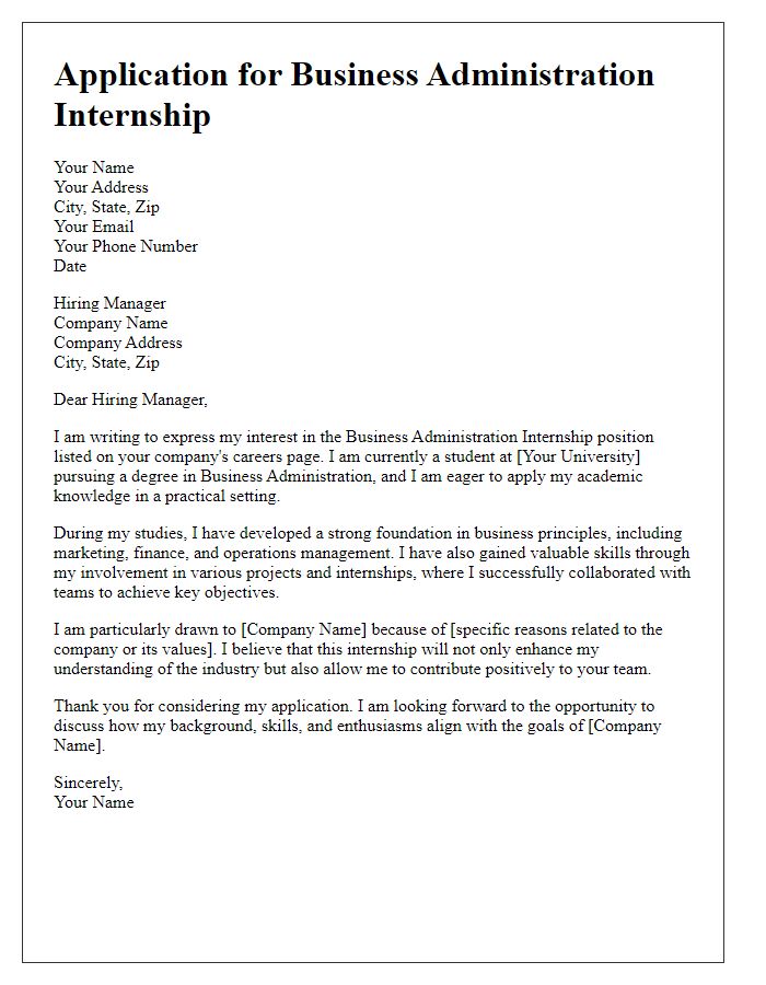 Letter template of expressing interest in a business administration internship