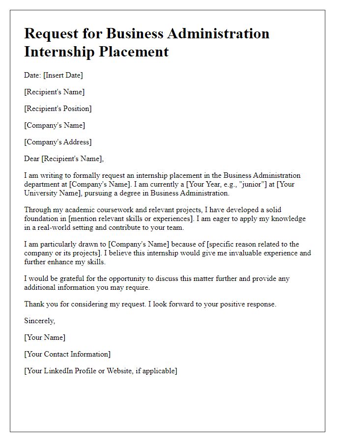 Letter template of formal request for business administration internship placement