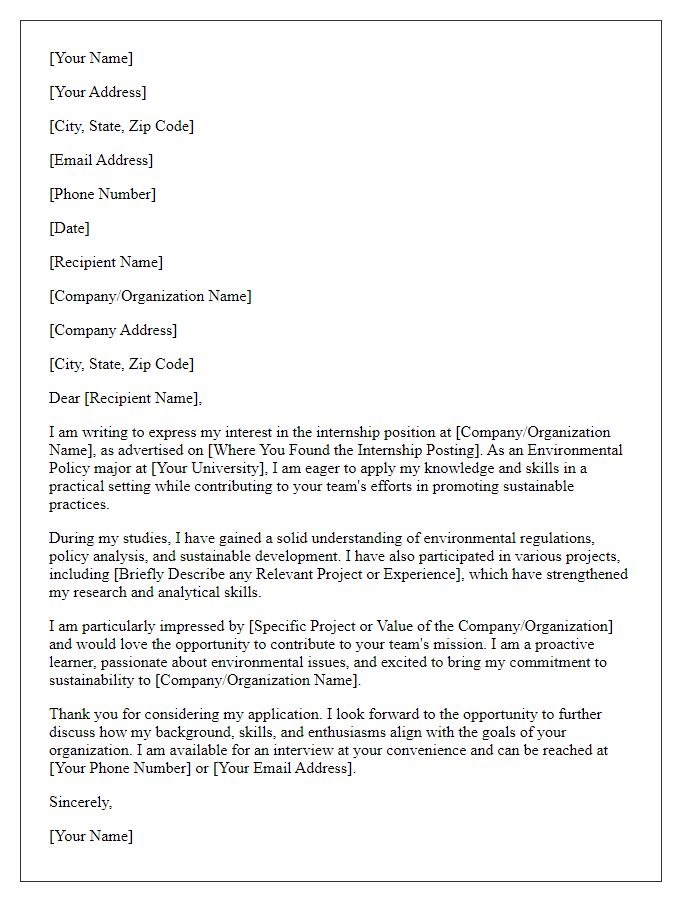 Letter template of internship application aimed at environmental policy majors.