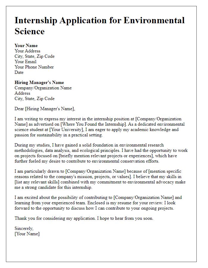 Letter template of internship application for aspiring environmental scientists.