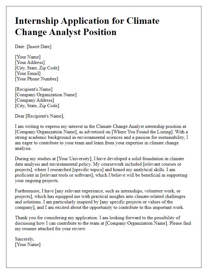 Letter template of internship application for climate change analysts.