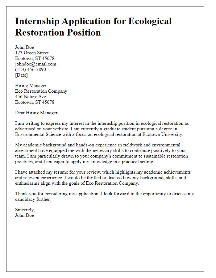 Letter template of internship application for ecological restoration students.