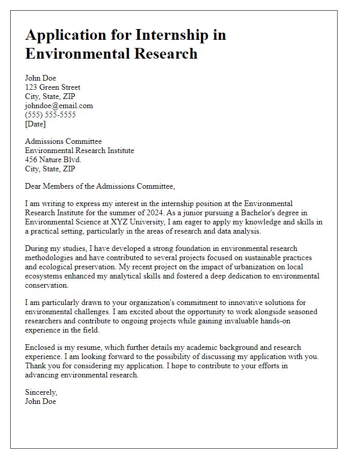 Letter template of internship application for environmental research applicants.