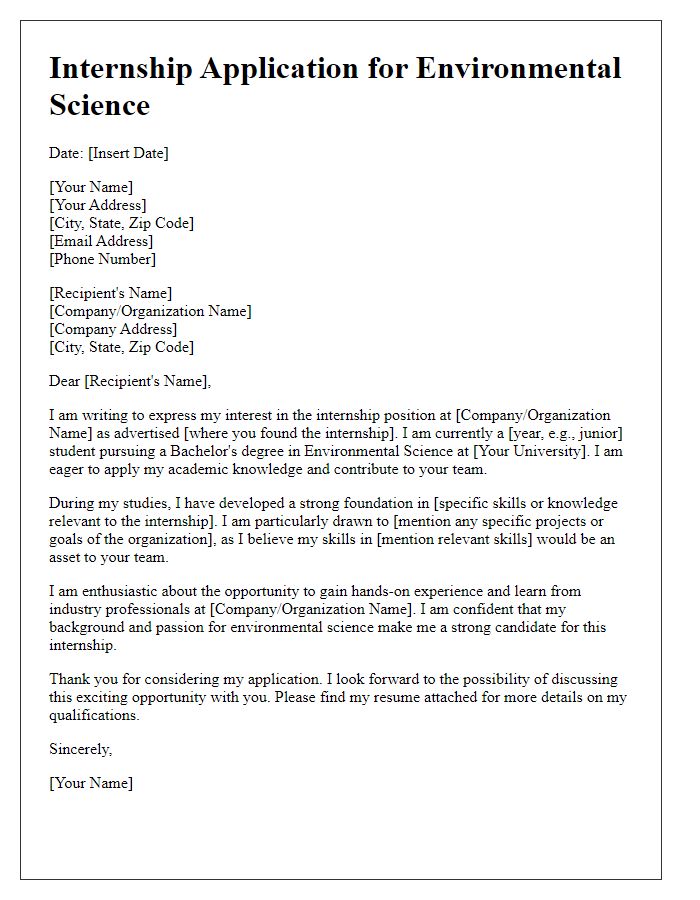 Letter template of internship application for environmental science students.