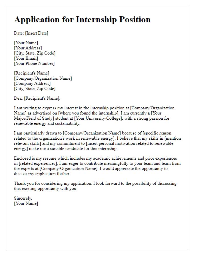 Letter template of internship application for renewable energy advocates.