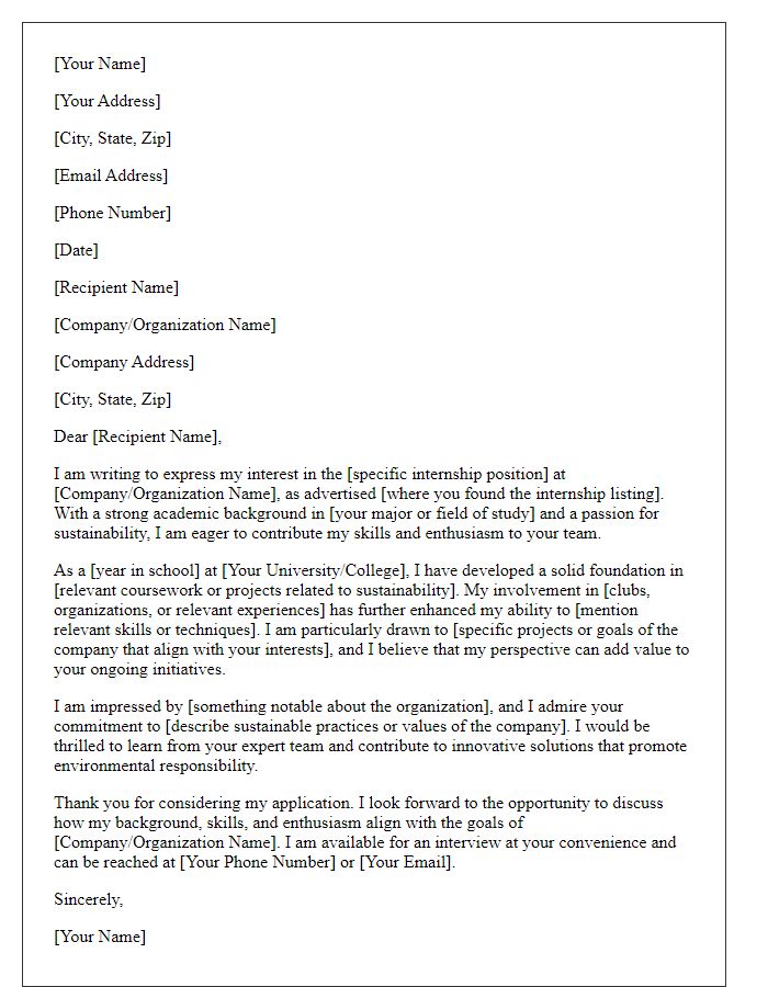 Letter template of internship application for sustainability-focused candidates.