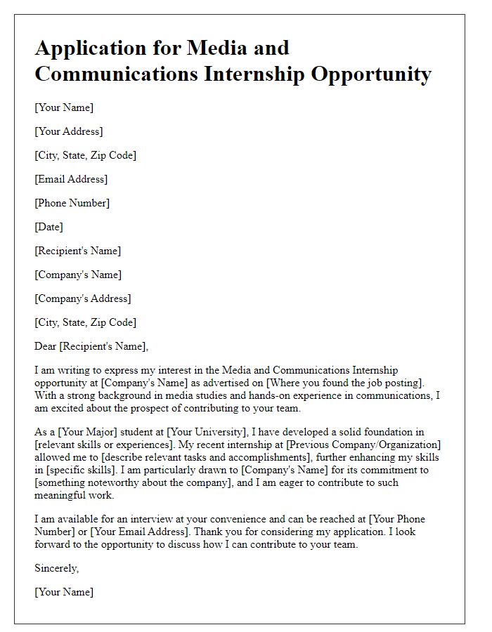 Letter template of Application for Media and Communications Internship Opportunity